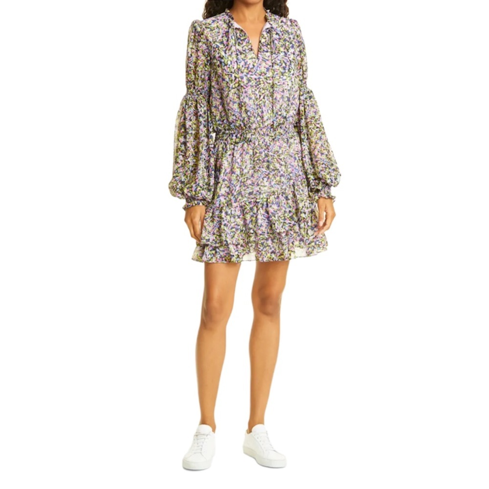 NWT Ted Baker London Long Sleeve Leaf Print Tiered Ruffle Mini Dress Karliie